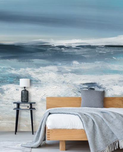 blå abstrakt strand tapet vægmaleri kaldet Long Peaceful Beach af Carol Robinson til soveværelser og badeværelser blå abstrakt strand tapet vægmaleri kaldet Long Peaceful Beach af Carol Robinson til soveværelser og badeværelser