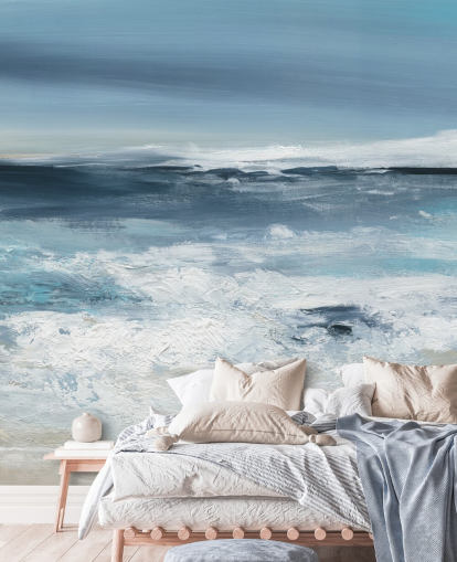 Carol Robinsonin sininen abstrakti rantataustakuva nimeltä Long Peaceful Beach makuuhuoneisiin ja kylpyhuoneisiin