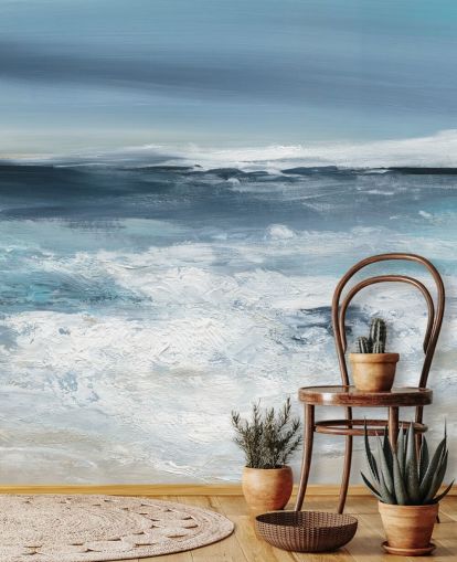 blue abstract beach wallpaper mural called Long Peaceful Beach by Carol Robinson for bedrooms and bathrooms