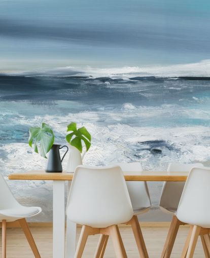 blauwe abstracte strandbehangmuurschildering genaamd Long Peaceful Beach van Carol Robinson voor slaapkamers en badkamers