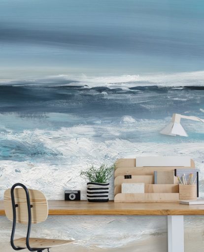blauwe abstracte strandbehangmuurschildering genaamd Long Peaceful Beach van Carol Robinson voor slaapkamers en badkamers