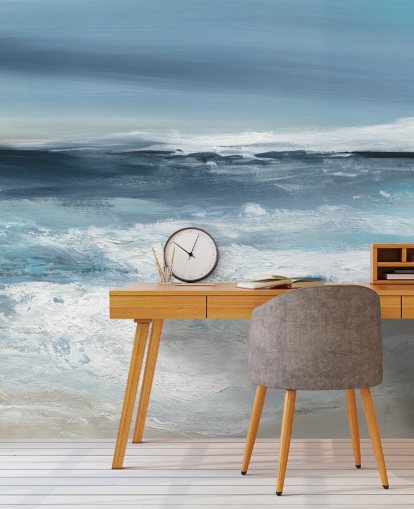 blue abstract beach wallpaper mural called Long Peaceful Beach by Carol Robinson for bedrooms and bathrooms