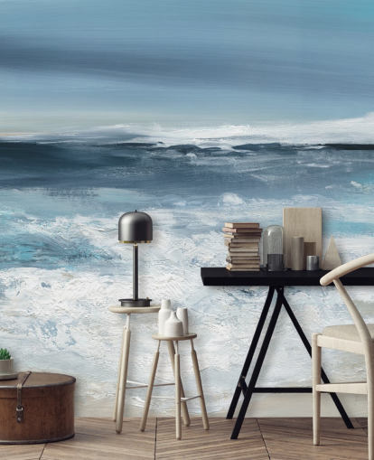 blå abstrakt strand tapet vægmaleri kaldet Long Peaceful Beach af Carol Robinson til soveværelser og badeværelser blå abstrakt strand tapet vægmaleri kaldet Long Peaceful Beach af Carol Robinson til soveværelser og badeværelser