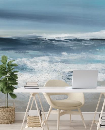 blue abstract beach wallpaper mural called Long Peaceful Beach by Carol Robinson for bedrooms and bathrooms