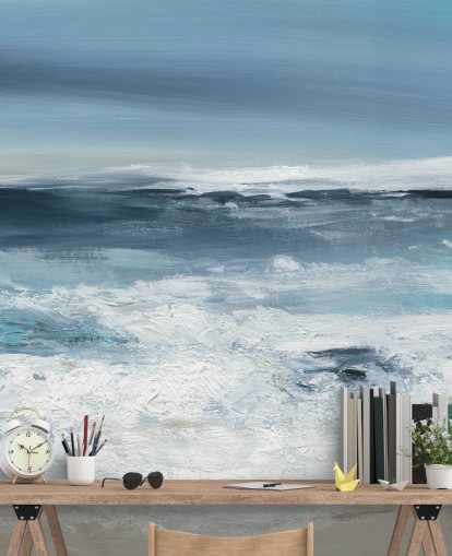 blue abstract beach wallpaper mural called Long Peaceful Beach by Carol Robinson for bedrooms and bathrooms