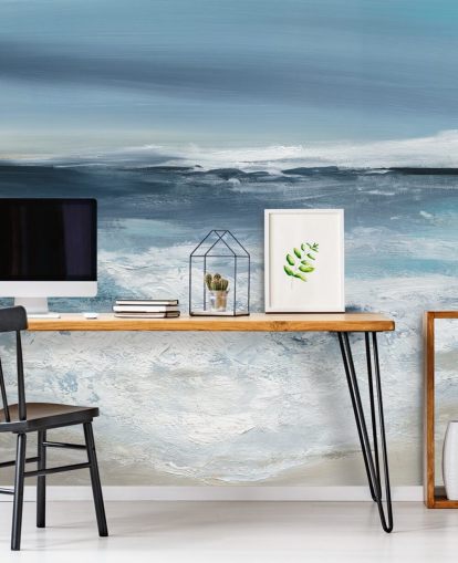 blue abstract beach wallpaper mural called Long Peaceful Beach by Carol Robinson for bedrooms and bathrooms