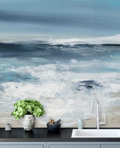 blå abstrakt strand tapet väggmålning som heter Long Peaceful Beach av Carol Robinson för sovrum och badrum