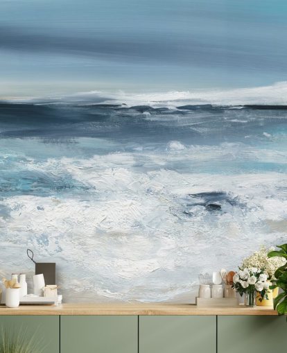blått abstrakt strandtapet veggmaleri kalt Long Peaceful Beach av Carol Robinson for soverom og bad