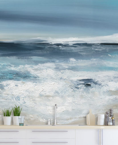 mural abstracto azul de playa llamado Long Peaceful Beach de Carol Robinson para dormitorios y baños