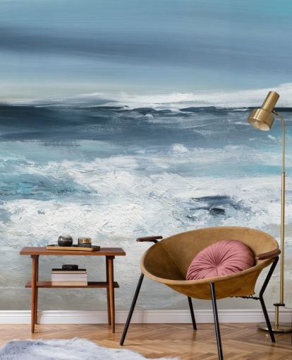 mural abstracto azul de playa llamado Long Peaceful Beach de Carol Robinson para dormitorios y baños