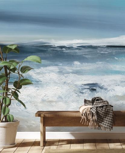 mural de papel de parede de praia abstrato azul chamado Long Peaceful Beach de Carol Robinson para quartos e banheiros