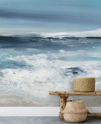 blue abstract beach wallpaper mural called Long Peaceful Beach by Carol Robinson for bedrooms and bathrooms