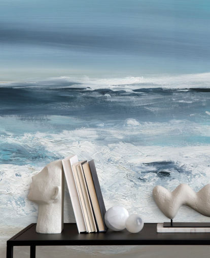 blue abstract beach wallpaper mural called Long Peaceful Beach by Carol Robinson for bedrooms and bathrooms