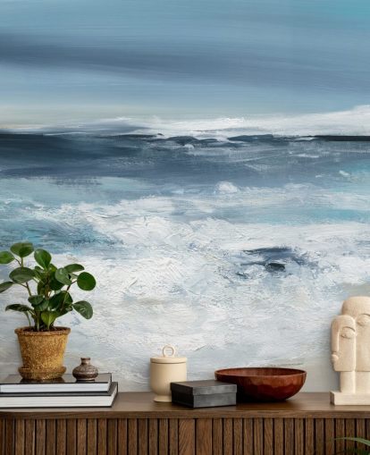 blå abstrakt strand tapet vægmaleri kaldet Long Peaceful Beach af Carol Robinson til soveværelser og badeværelser