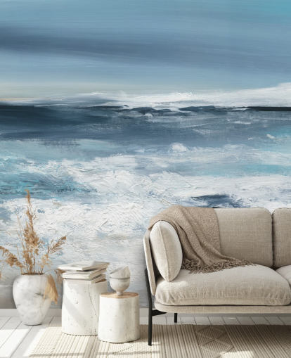 blått abstrakt strandtapet veggmaleri kalt Long Peaceful Beach av Carol Robinson for soverom og bad