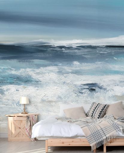 blauwe abstracte strandbehangmuurschildering genaamd Long Peaceful Beach van Carol Robinson voor slaapkamers en badkamers blauwe abstracte strandbehangmuurschildering genaamd Long Peaceful Beach van Carol Robinson voor slaapkamers en badkamers