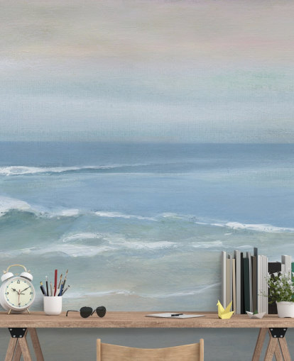 hellblaues Tapeten-Wandbild mit Meerblick namens Mellow Ocean View von Carol Robinson für Heimbüros und Schlafzimmer