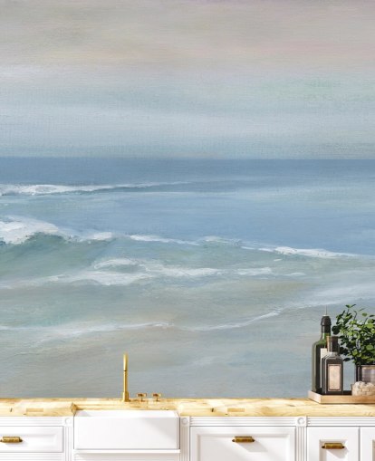 lyseblå havudsigt tapetmaleri kaldet Mellow Ocean View af Carol Robinson til hjemmekontorer og soveværelser