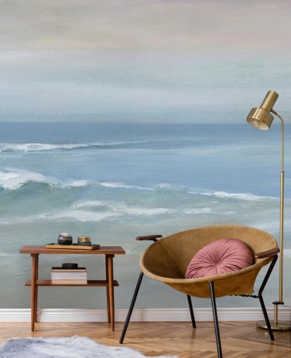 lyseblått havutsikt tapetmaleri kalt Mellow Ocean View av Carol Robinson for hjemmekontorer og soverom