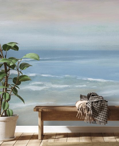 ljusblå havsutsikt tapetväggmålning kallad Mellow Ocean View av Carol Robinson för hemmakontor och sovrum ljusblå havsutsikt tapetväggmålning kallad Mellow Ocean View av Carol Robinson för hemmakontor och sovrum