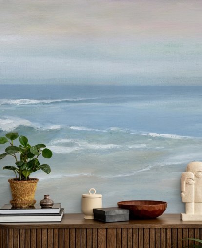 Carol Robinsonin vaaleansininen merinäköala taustakuvamaalaus nimeltä Mellow Ocean View kotitoimistoihin ja makuuhuoneisiin