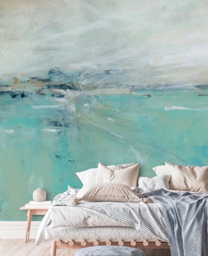 murale astratto blu sull'oceano chiamato Ocean Expanse di Carol Robinson per bagni