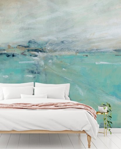 murale astratto blu sull'oceano chiamato Ocean Expanse di Carol Robinson per bagni
