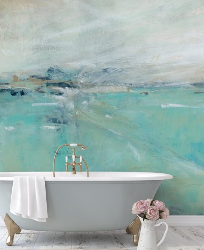 murale astratto blu sull'oceano chiamato Ocean Expanse di Carol Robinson per bagni