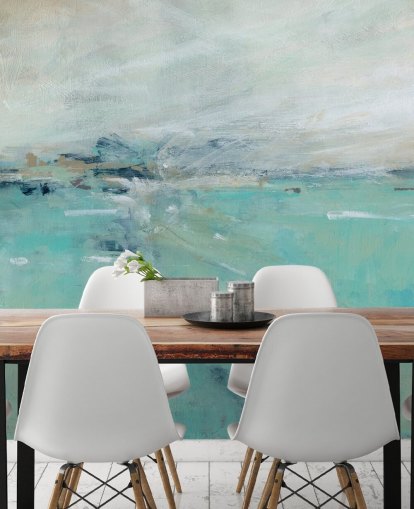 blauwe abstracte oceaanmuurschildering genaamd Ocean Expanse van Carol Robinson voor badkamers