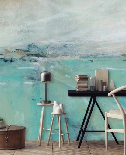 blauwe abstracte oceaanmuurschildering genaamd Ocean Expanse van Carol Robinson voor badkamers