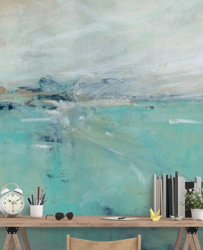 blått abstrakt havveggmaleri kalt Ocean Expanse av Carol Robinson for bad