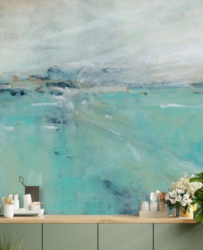 blauwe abstracte oceaanmuurschildering genaamd Ocean Expanse van Carol Robinson voor badkamers