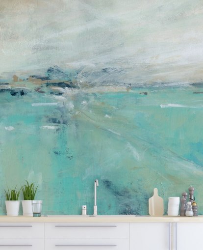 blå abstrakt havväggmålning kallad Ocean Expanse av Carol Robinson för badrum