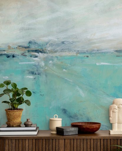 murale astratto blu sull'oceano chiamato Ocean Expanse di Carol Robinson per bagni