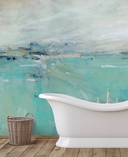 blått abstrakt havveggmaleri kalt Ocean Expanse av Carol Robinson for bad