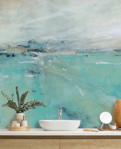 mural de pared azul abstracto del océano llamado Ocean Expanse de Carol Robinson para baños