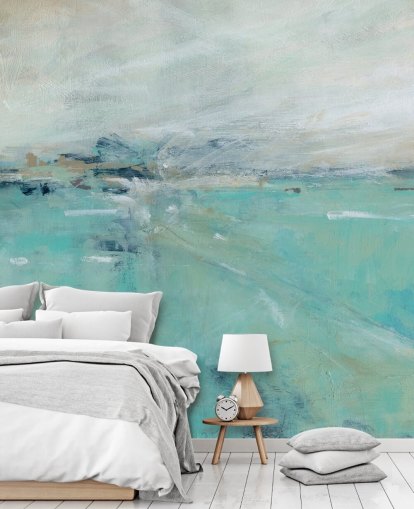 blått abstrakt havveggmaleri kalt Ocean Expanse av Carol Robinson for bad