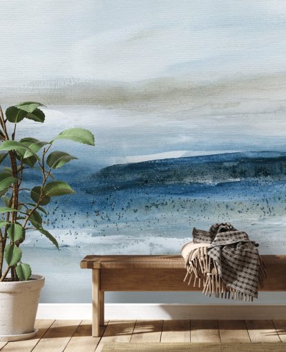 abstrakt strand tapetväggmålning kallad Pebbled Beach av Carol Robinson för sovrum, badrum och hemmakontor