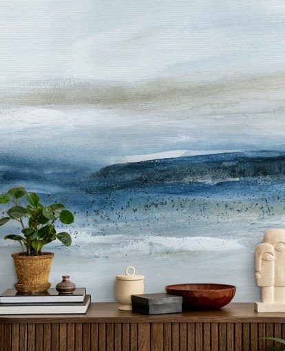 abstrakt strand tapetväggmålning kallad Pebbled Beach av Carol Robinson för sovrum, badrum och hemmakontor