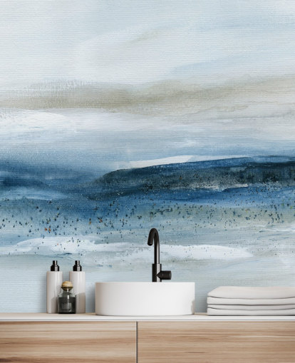 abstracte strandbehangmuurschildering genaamd Pebbled Beach van Carol Robinson voor slaapkamers, badkamers en thuiskantoren