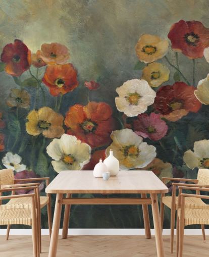 papier peint mural coquelicot foncé appelé Poppy Perfection par Carol Robinson pour les salons et les chambres