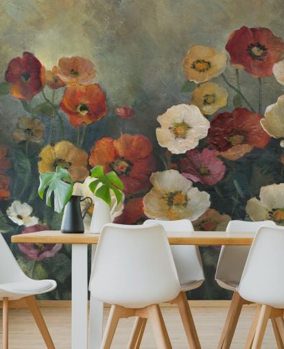 mural de papel pintado de amapolas oscuras llamado Poppy Perfection de Carol Robinson para salas de estar y dormitorios