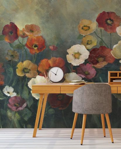 mörk vallmo tapetväggmålning kallad Poppy Perfection av Carol Robinson för vardagsrum och sovrum