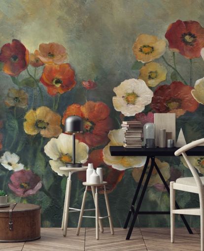mørk valmue tapetmaleri kalt Poppy Perfection av Carol Robinson for stuer og soverom