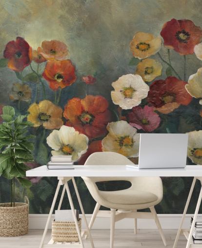 mural de papel pintado de amapolas oscuras llamado Poppy Perfection de Carol Robinson para salas de estar y dormitorios