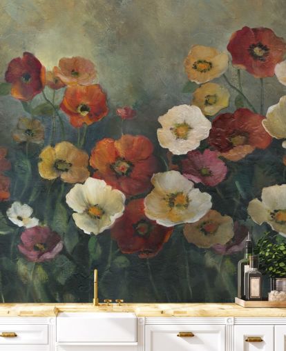 Carol Robinsonin tumma unikon taustakuvamaalaus nimeltä Poppy Perfection olohuoneisiin ja makuuhuoneisiin Carol Robinsonin tumma unikon taustakuvamaalaus nimeltä Poppy Perfection olohuoneisiin ja makuuhuoneisiin