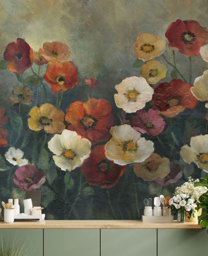 dark poppy wallpaper mural called Poppy Perfection by Carol Robinson for living rooms and bedrooms