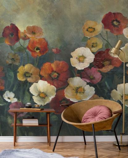 mörk vallmo tapetväggmålning kallad Poppy Perfection av Carol Robinson för vardagsrum och sovrum mörk vallmo tapetväggmålning kallad Poppy Perfection av Carol Robinson för vardagsrum och sovrum