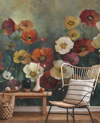 mural de papel pintado de amapolas oscuras llamado Poppy Perfection de Carol Robinson para salas de estar y dormitorios