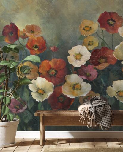 mörk vallmo tapetväggmålning kallad Poppy Perfection av Carol Robinson för vardagsrum och sovrum